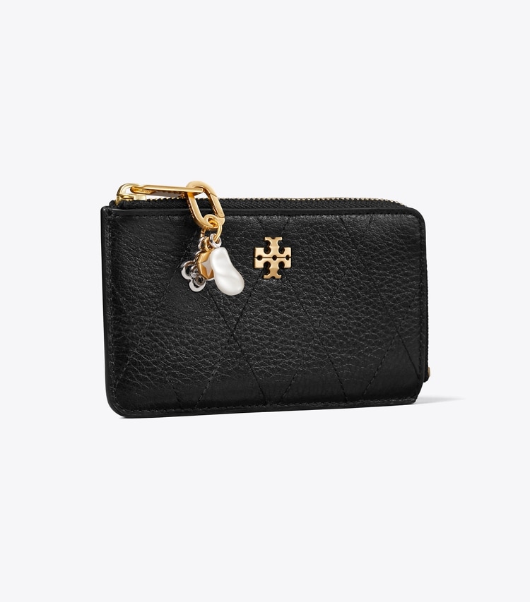 Tory Burch designer card cases Charlie Quilted Zip Charm Card Case in Black / Charms angle