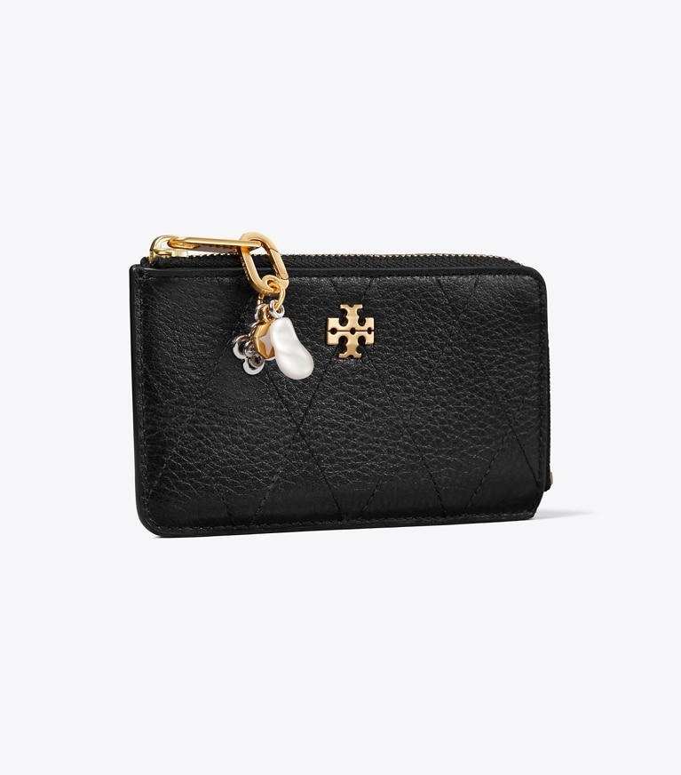 Tory Burch designer card cases Charlie Quilted Zip Charm Card Case in Black / Charms angle