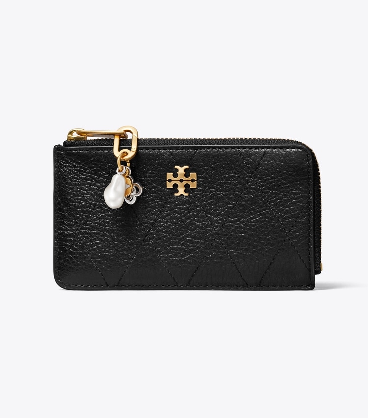 Tory Burch designer card cases Charlie Quilted Zip Charm Card Case in Black / Charms front