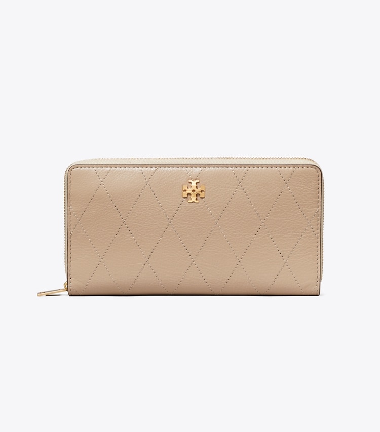 Tory Burch designer 財布 チャーリー キルト ジップ コンチネンタル ウォレット in Soft Cement front