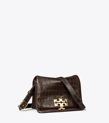 Tory Burch designer shoulder bags Charlie Runway Croc-Embossed Shoulder Bag in Dark Brown angle