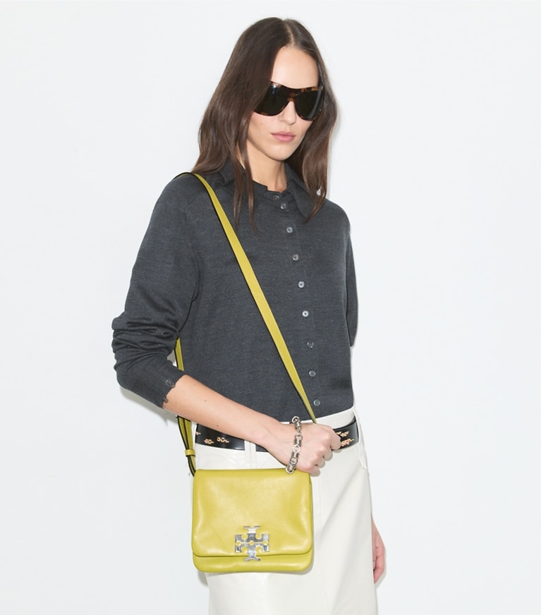 Tory Burch designer shoulder bags Charlie Runway Shoulder Bag in Golden Kiwi accessory on model