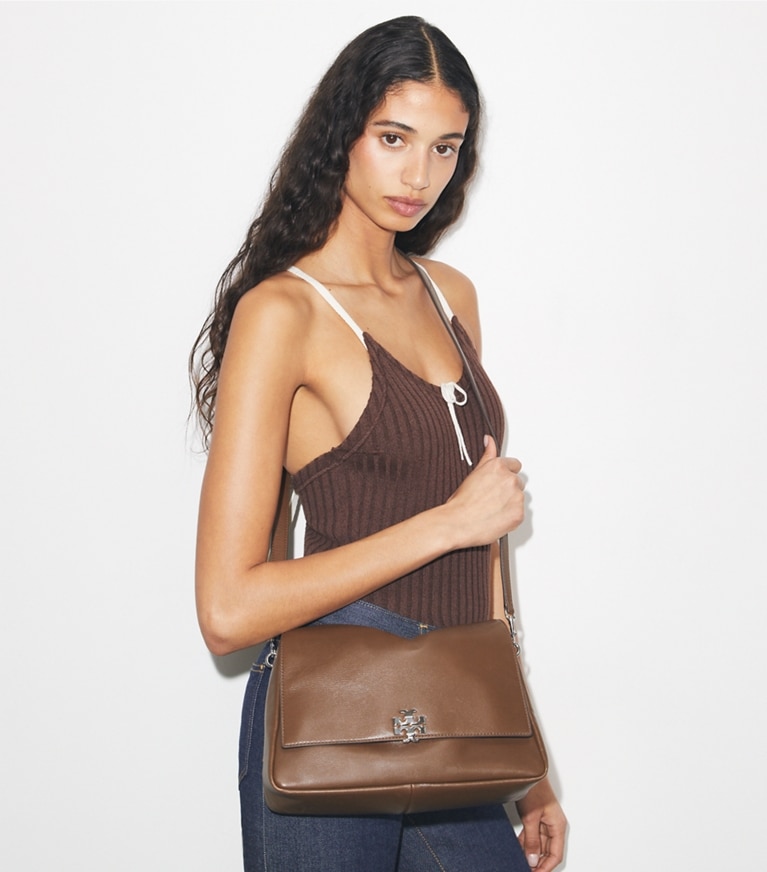 Tory Burch designer shoulder bags Charlie Shoulder Bag in Malt Brown additional on model