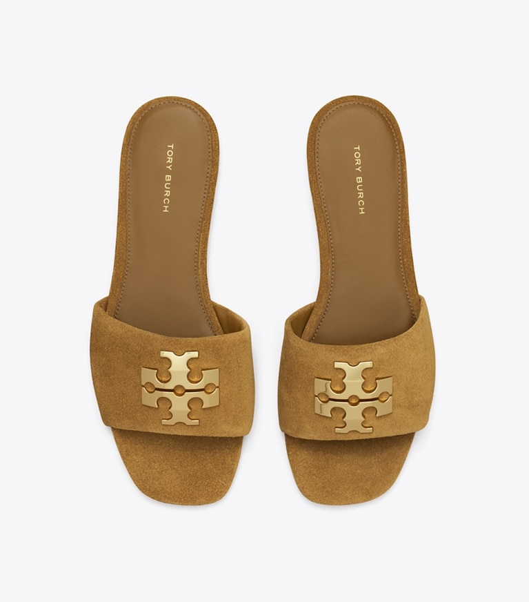 Tory Burch designer sandals Charlie Slide in TOFFEE / GOLD overhead