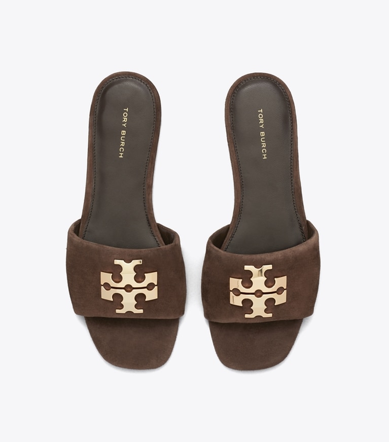 Tory Burch designer sandals Charlie Slide in DARK COCOA / GOLD overhead