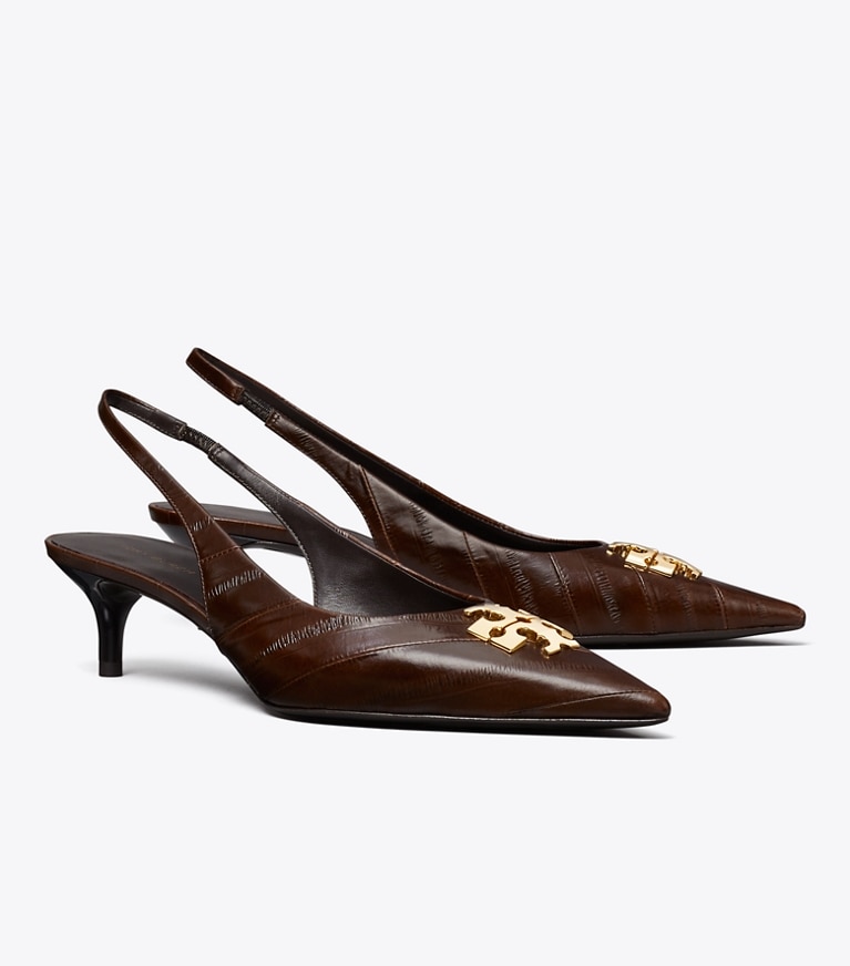 Tory Burch designer heels Charlie Slingback in DARK BROWN EEL angle