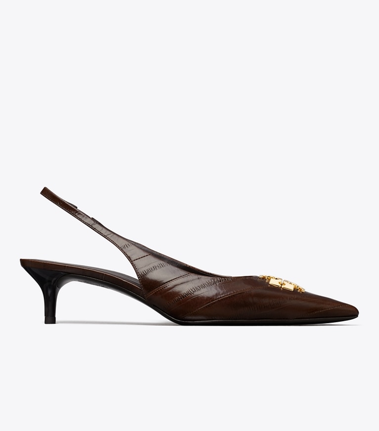 Tory Burch designer heels Charlie Slingback in DARK BROWN EEL side
