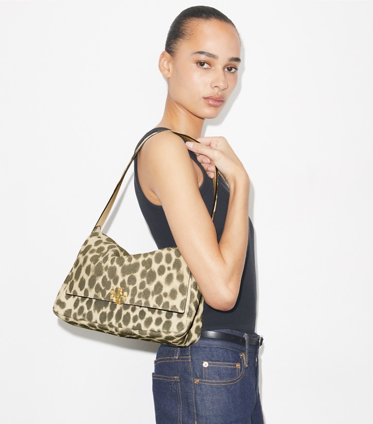 Tory Burch designer shoulder bags Charlie Suede Shoulder Bag in Mocha Brown / SHEA BUTTER accessory on model