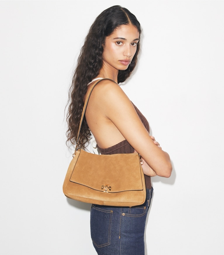 Tory Burch designer shoulder bags Charlie Suede Shoulder Bag in Wild Tobacco accessory on model