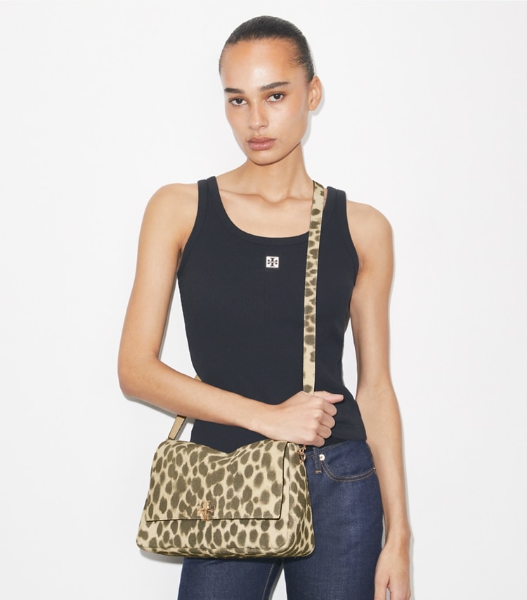 Tory Burch designer shoulder bags Charlie Suede Shoulder Bag in Mocha Brown / SHEA BUTTER additional on model