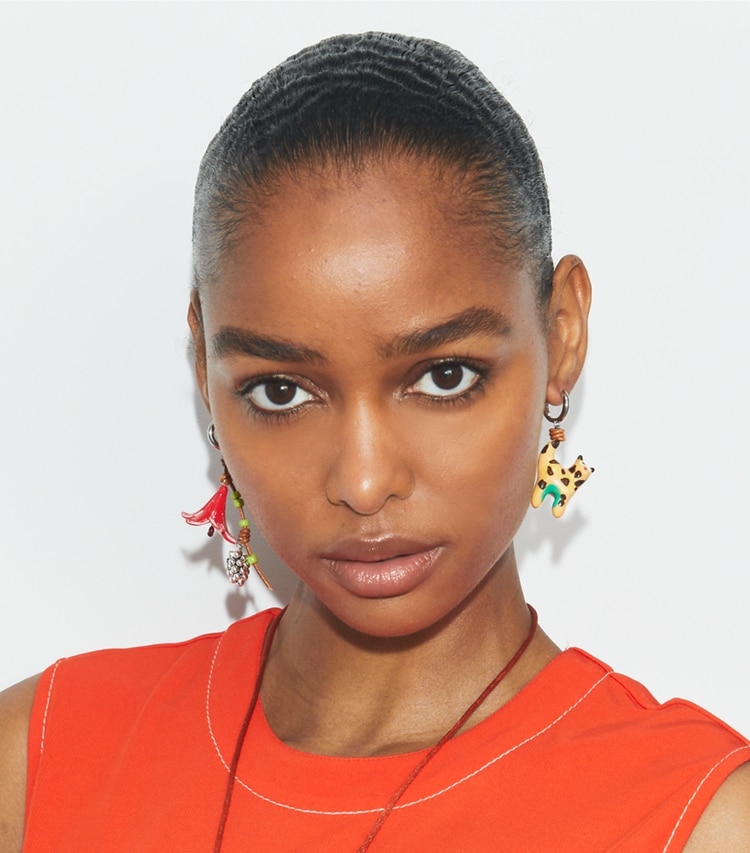 Tory Burch designer earrings Charm Earrings in Multi accessory on model