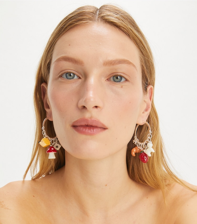 Tory Burch designer earrings Charm Hoop Earring in Light Silver / Multi accessory on model