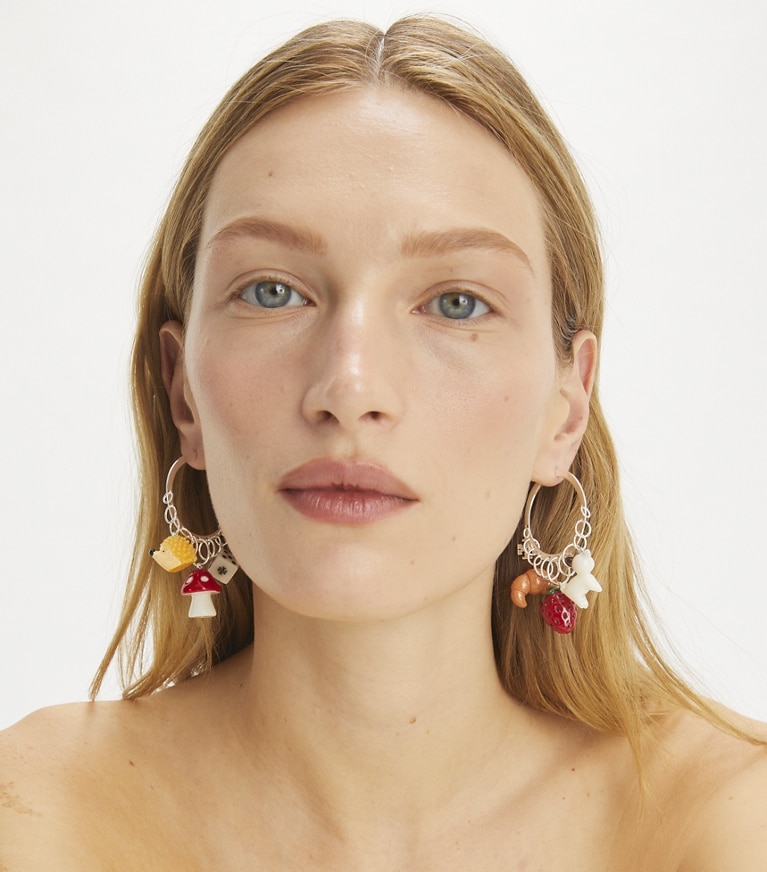 Tory Burch designer earrings Charm Hoop Earrings in Light Silver / Multi front