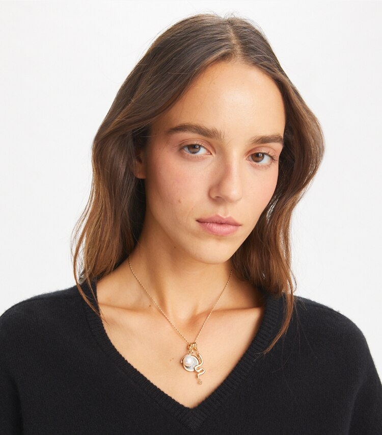 Tory Burch designer necklaces Charm Pendant Necklace in Tory Gold / Multi accessory on model