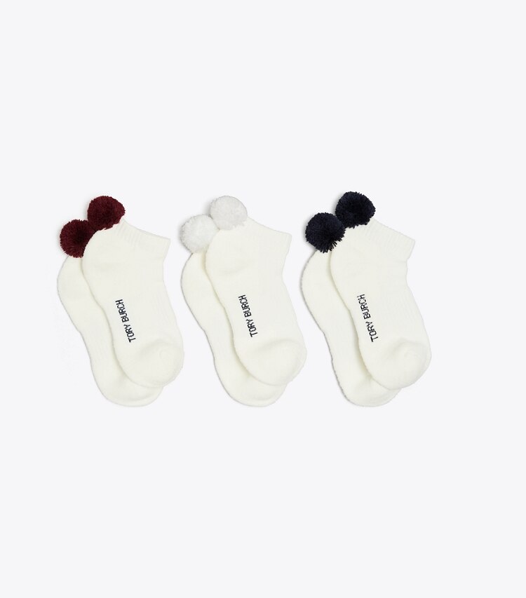 Tory Burch designer chaussettes Chaussettes de compression Performance à pompons, lot de 3 dans Tory Navy / Snow White / Winetasting de face