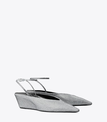 Tory Burch designer escarpins Chaussure à talon compensé Pavé dans LAPIS / LIGHT BLACK DIAMOND angle