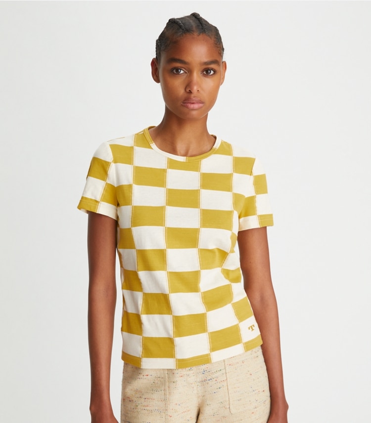 Tory Burch designer tops Checkerboard T-Shirt in Lemon Lime / French Cream on model detail