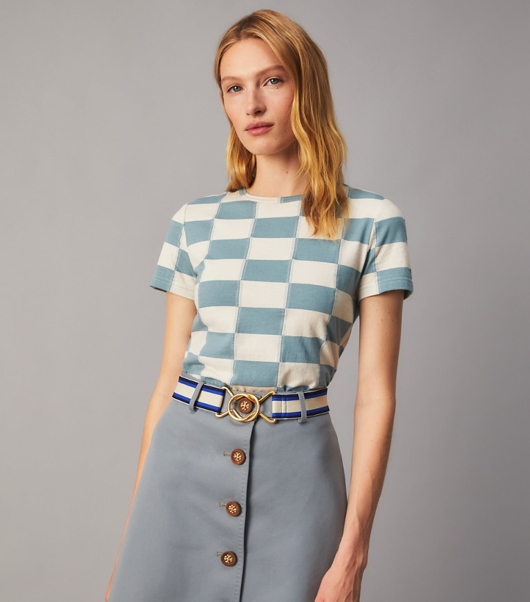 Tory Burch designer tops Checkerboard T-Shirt in Checkerboard on model detail