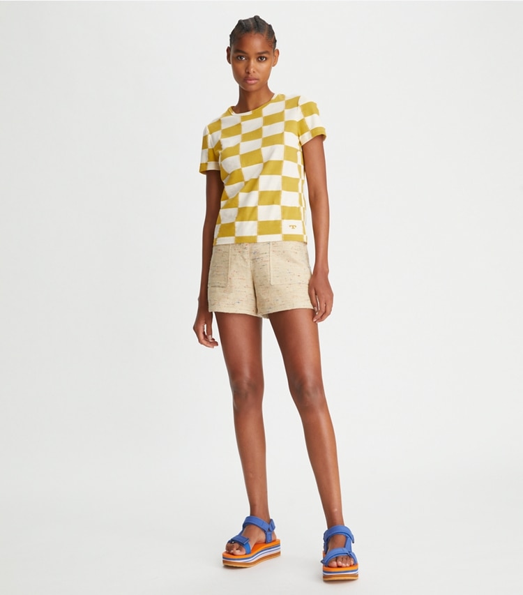 Tory Burch designer tops Checkerboard T-Shirt in Lemon Lime / French Cream on model front