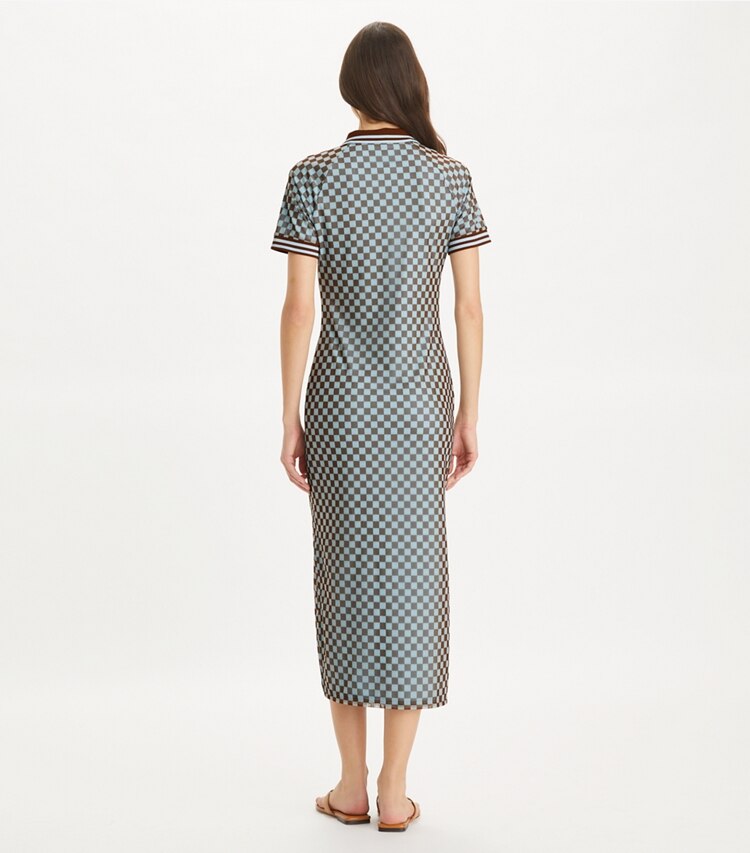 Tory Sport designer dresses Checkered Mesh Polo Dress in Ice Flow Sport Check on model back