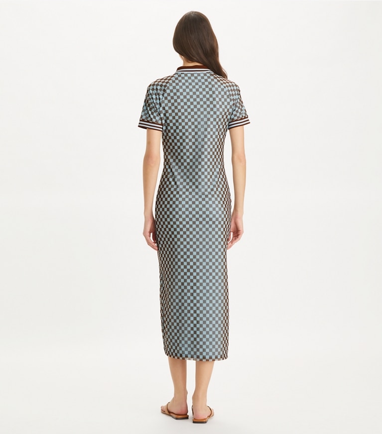 Tory Sport designer dresses Checkered Mesh Polo Dress in Ice Flow Sport Check front