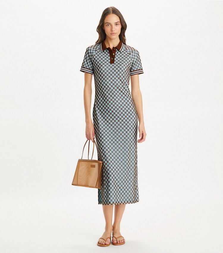 Tory Sport designer dresses Checkered Mesh Polo Dress in Ice Flow Sport Check on model front
