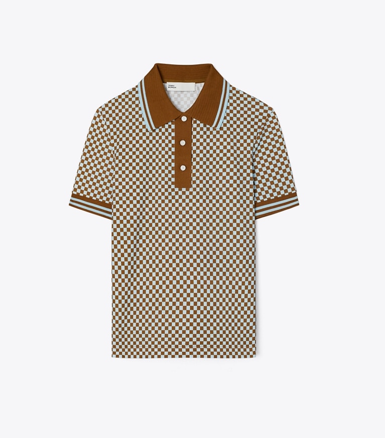 Tory Sport designer tops Checkered Piqué Polo in Ice Flow Sport Check Small front