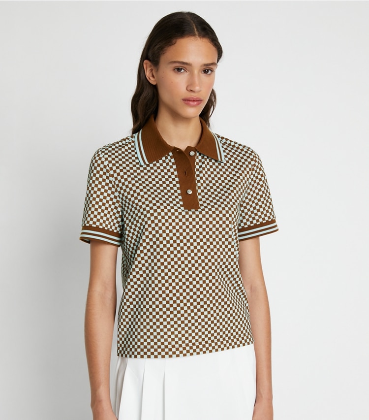 Tory Sport designer tops Checkered Piqué Polo in Ice Flow Sport Check Small on model detail