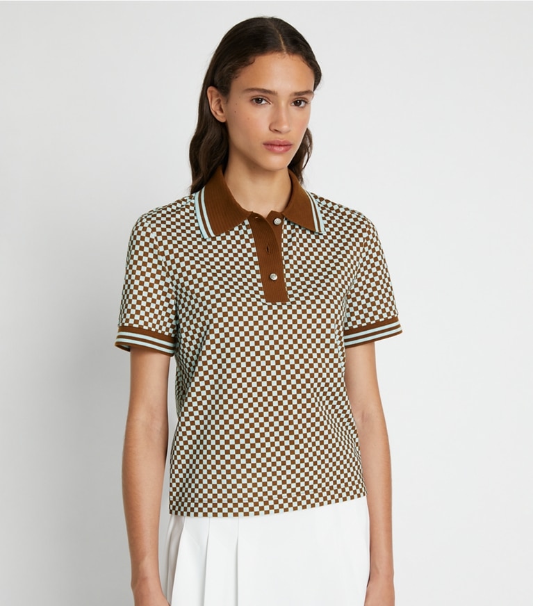 Tory Sport designer tops Checkered Piqué Polo in Ice Flow Sport Check Small front