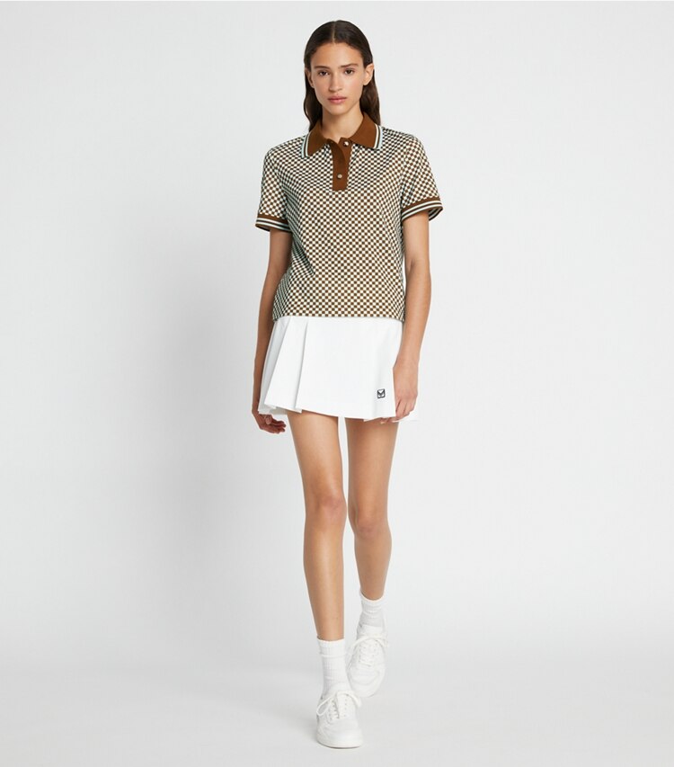 Tory Sport designer tops Checkered Piqué Polo in Ice Flow Sport Check Small on model front
