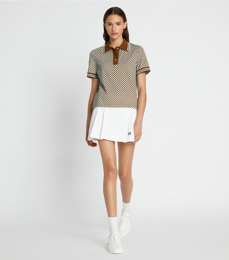 Tory Sport designer tops Checkered Piqué Polo in Ice Flow Sport Check Small front