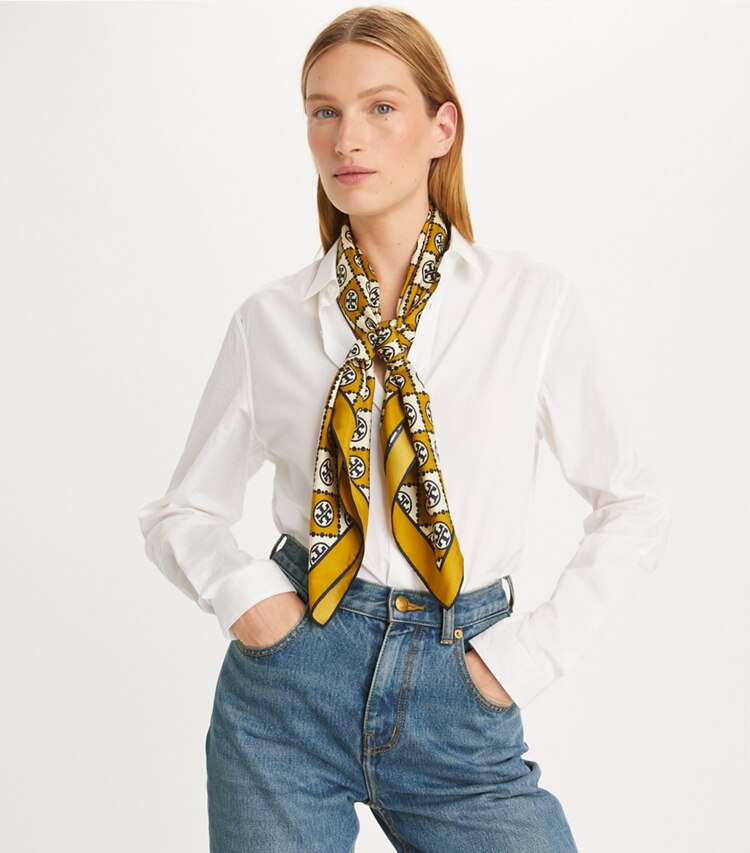 Tory Burch designer scarves Checkered T Monogram Square in Checkered T Monogram Mustard accessory on model