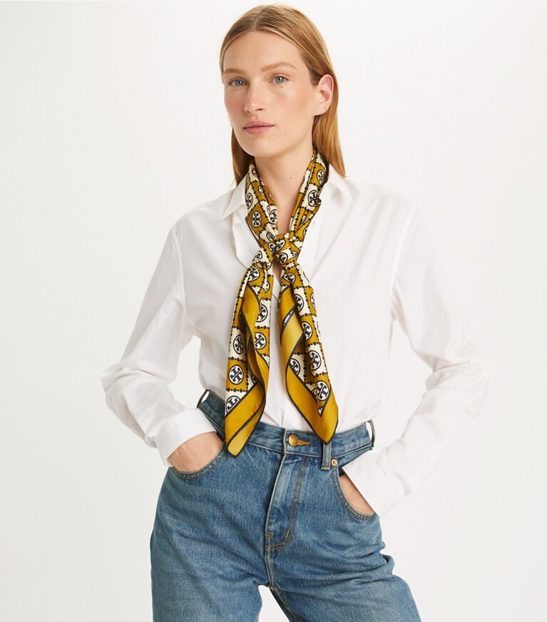 Tory Burch designer scarves Checkered T Monogram Square in Checkered T Monogram Mustard overhead