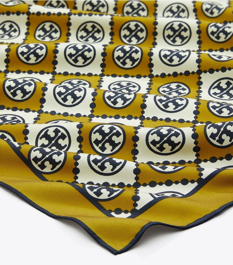 Tory Burch designer scarves Checkered T Monogram Square in Checkered T Monogram Mustard overhead