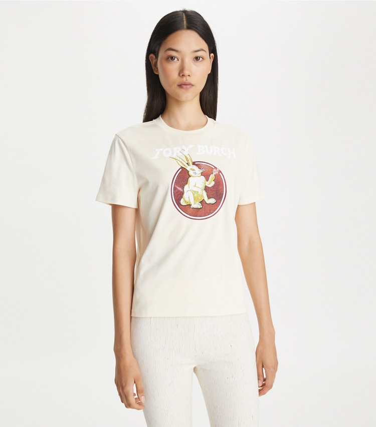 Tory Burch designer tops Cheeky Rabbit Cotton T-Shirt in French Cream on model detail