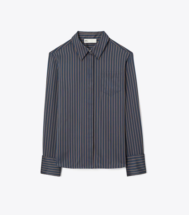Tory Burch designer hauts Chemise Bunny Knot en viscose dans Navy/Yellow/Red Menswear Stripe Lining de face