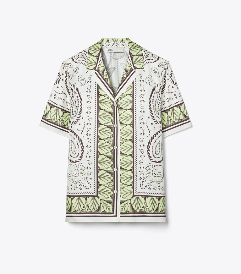 Tory Burch designer paréos Chemise décontractée en soie dans Mint Cockatoo de face