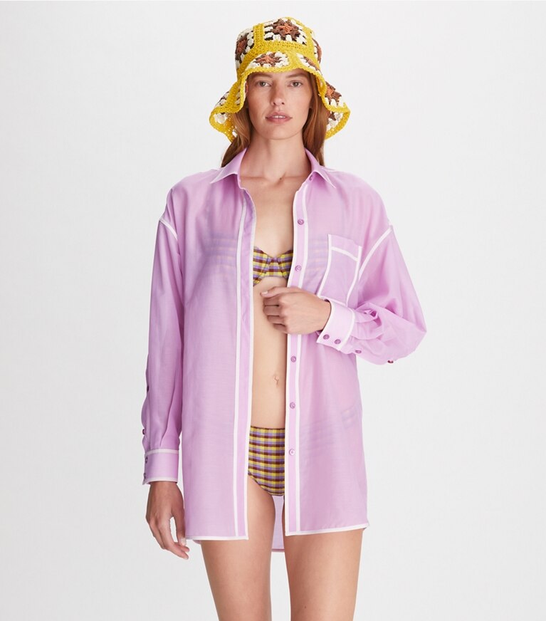 Tory Burch designer paréos Chemise de plage dans Lavender détail sur modèle