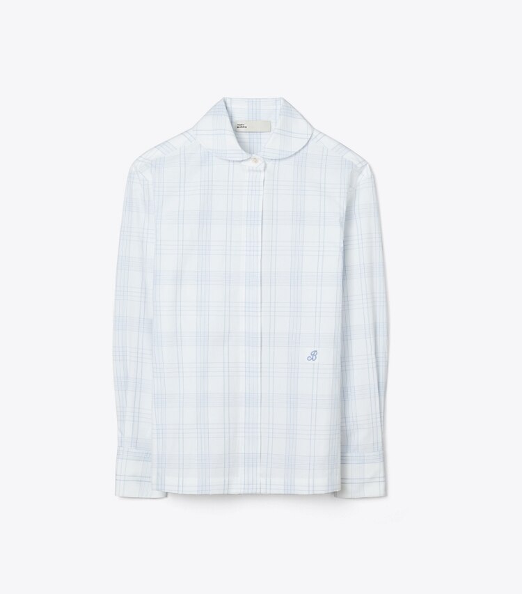 Tory Burch designer hauts Chemise en coton à carreaux dans White / Blue de face