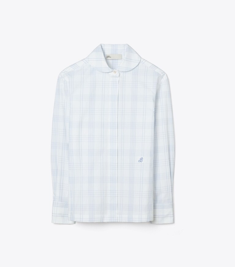 Tory Burch designer hauts Chemise en coton à carreaux dans White / Blue de face