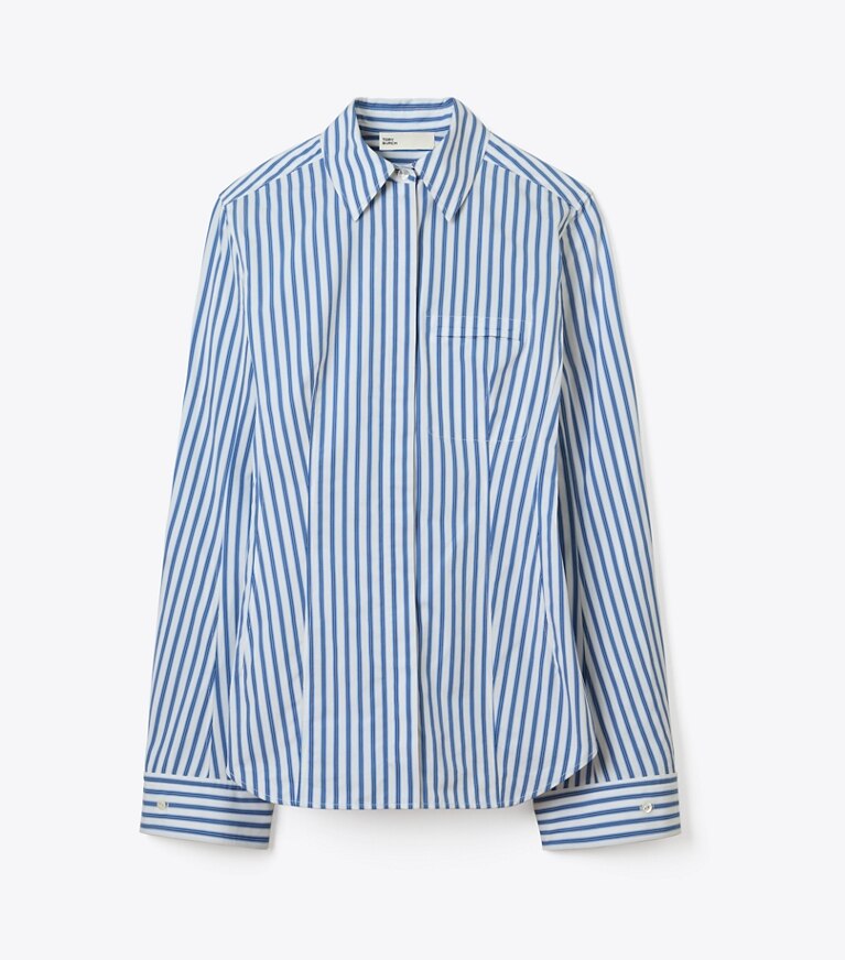 Tory Burch designer hauts Chemise en coton à manches cloche dans Blue Stripe de face