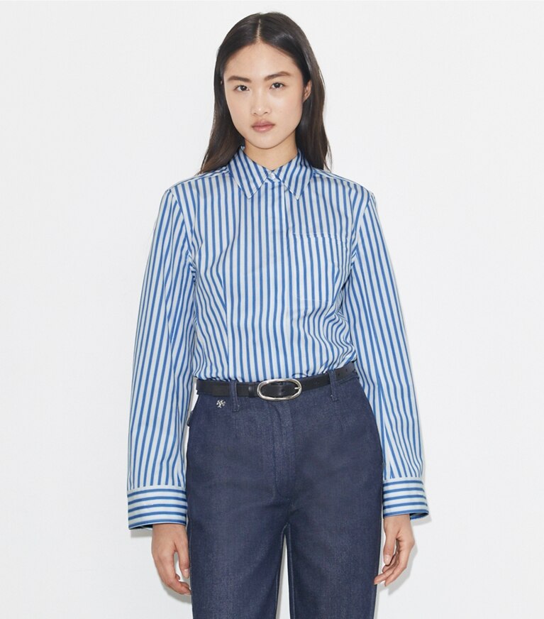 Tory Burch designer hauts Chemise en coton à manches cloche dans Blue Stripe détail sur modèle