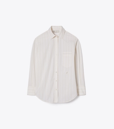 Tory Burch designer hauts Chemise en coton rayé dans Beige Stripe de face