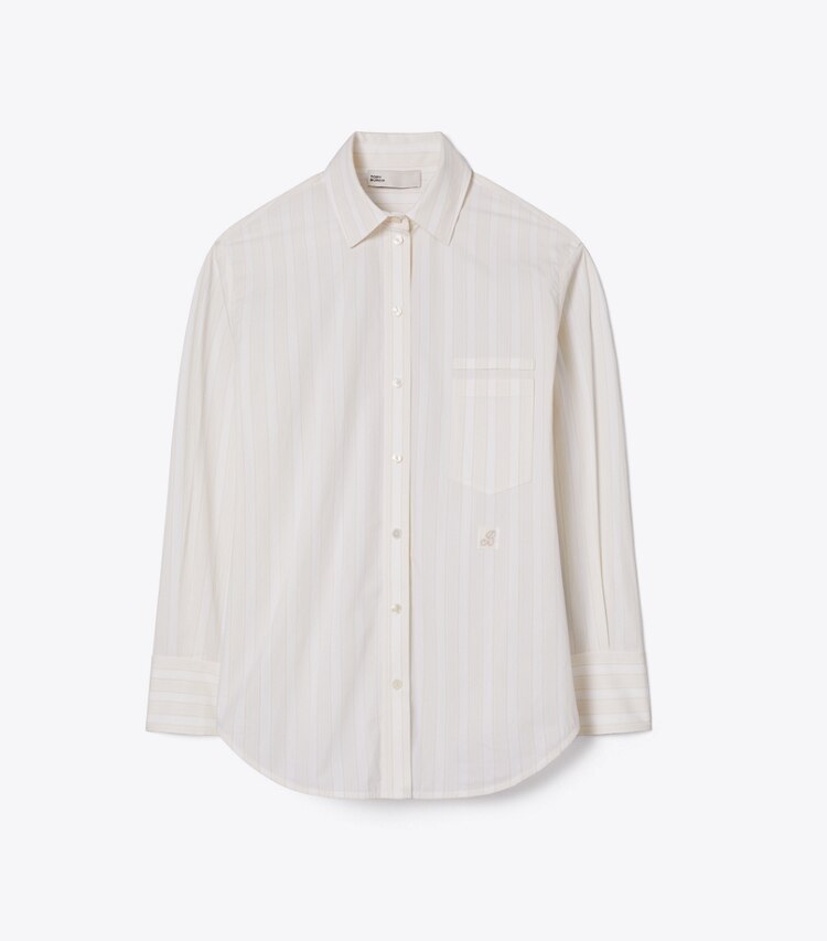 Tory Burch designer hauts Chemise en coton rayé dans Beige Stripe de face