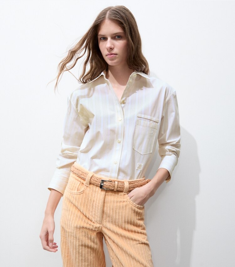 Tory Burch designer hauts Chemise en coton rayé dans Beige Stripe détail sur modèle