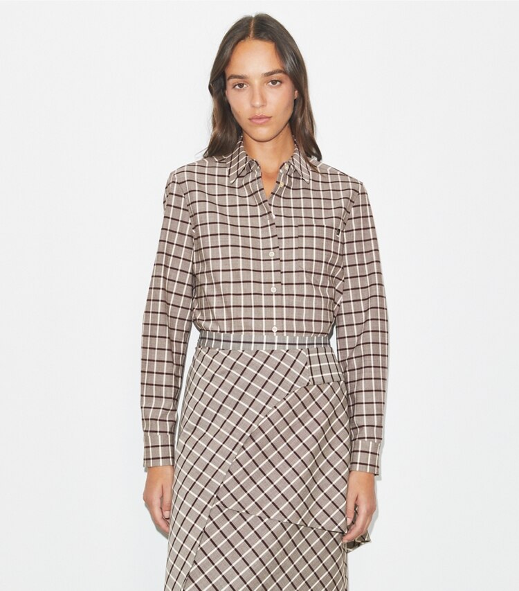 Tory Burch designer hauts Chemise en laine in Plum/Ivory Windowpane on model detail