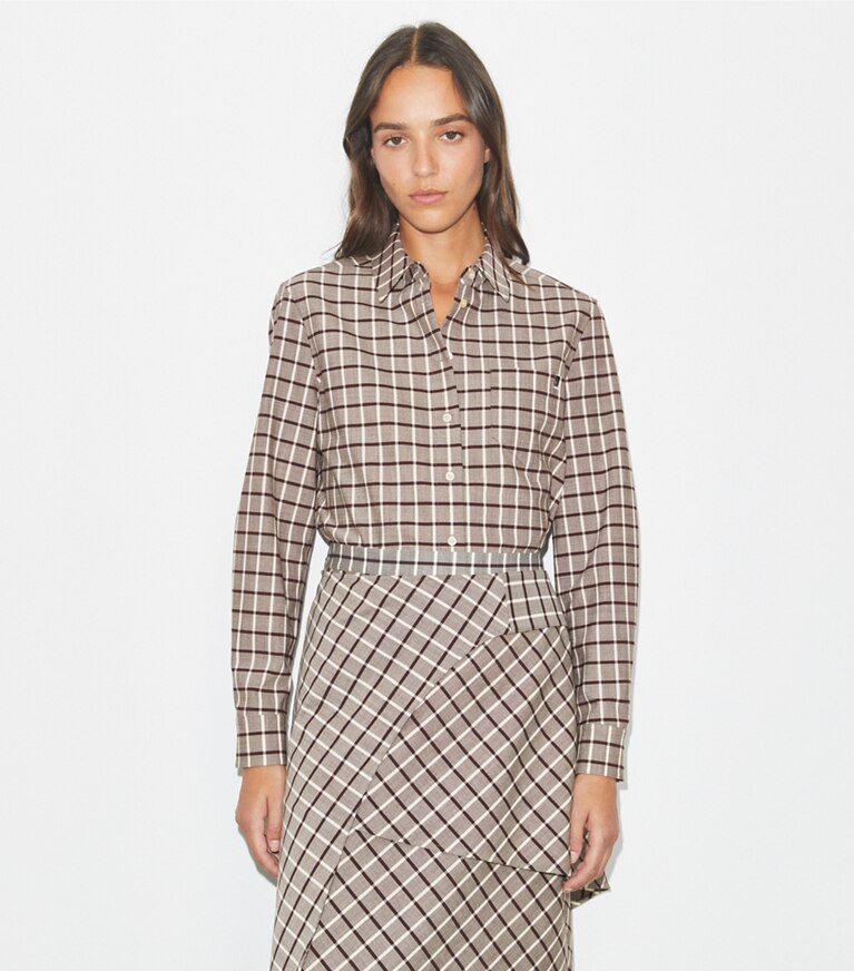 Tory Burch designer hauts Chemise en laine in Plum/Ivory Windowpane front