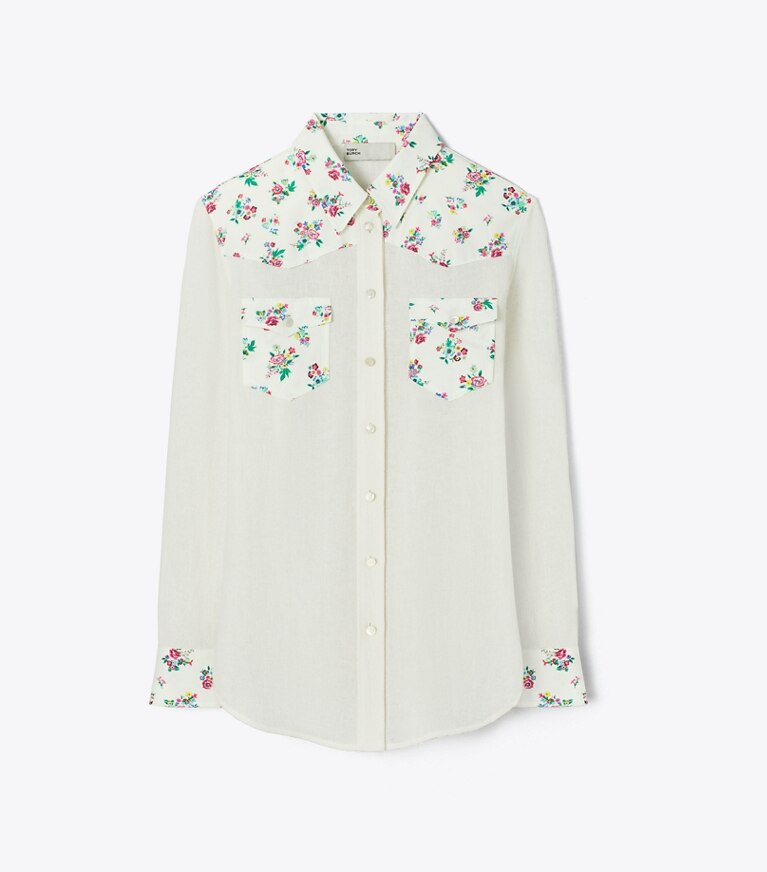 Tory Burch designer paréos Chemise en lin dans Multi Ditsy Floral de face