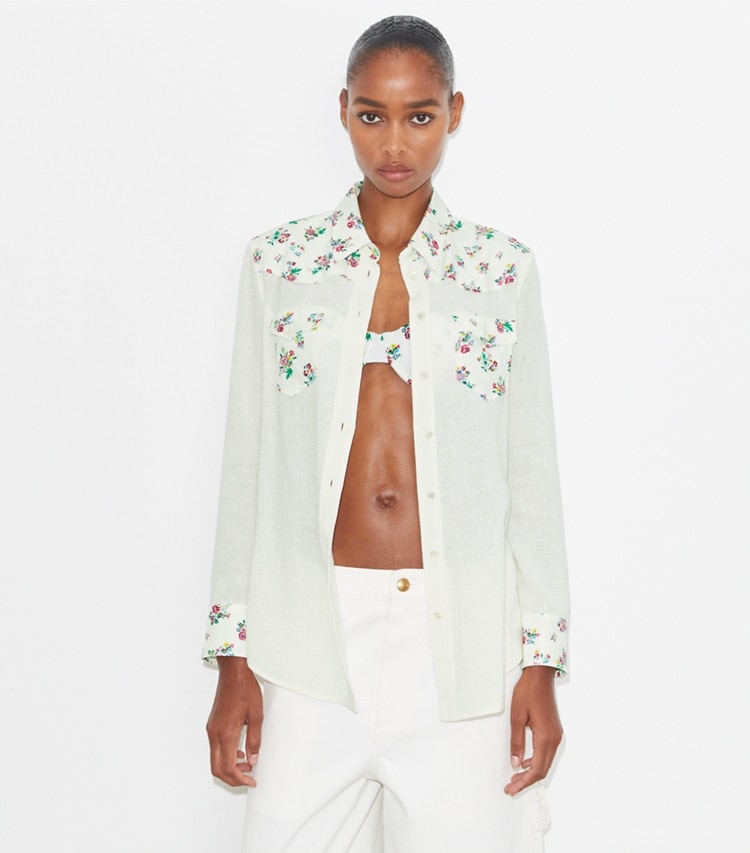 Tory Burch designer paréos Chemise en lin dans Multi Ditsy Floral détail sur modèle