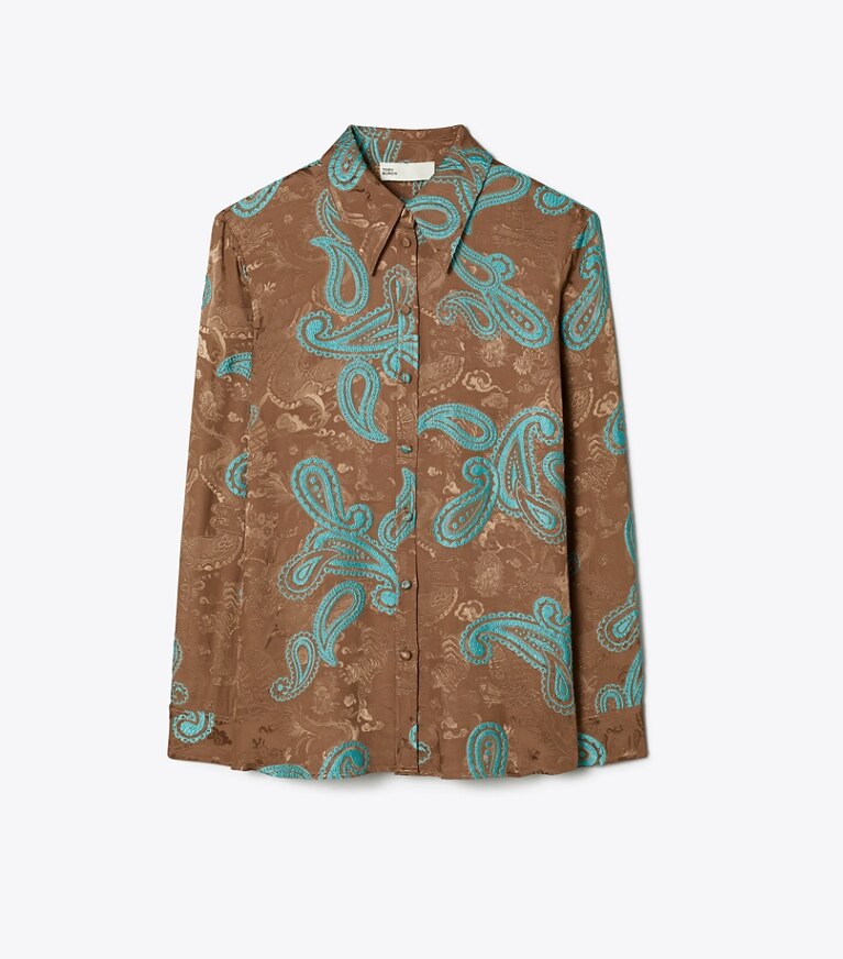 Tory Burch designer hauts Chemise en satin à motif cachemire in Aqua Stone/Smoked Peppercorn front